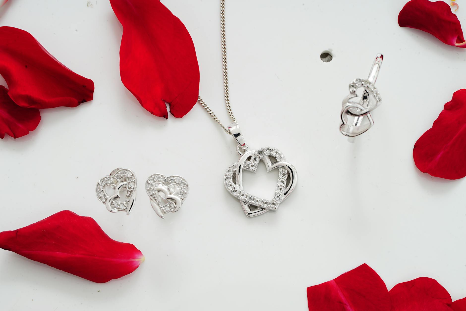 set of shiny silver accessories among red petals