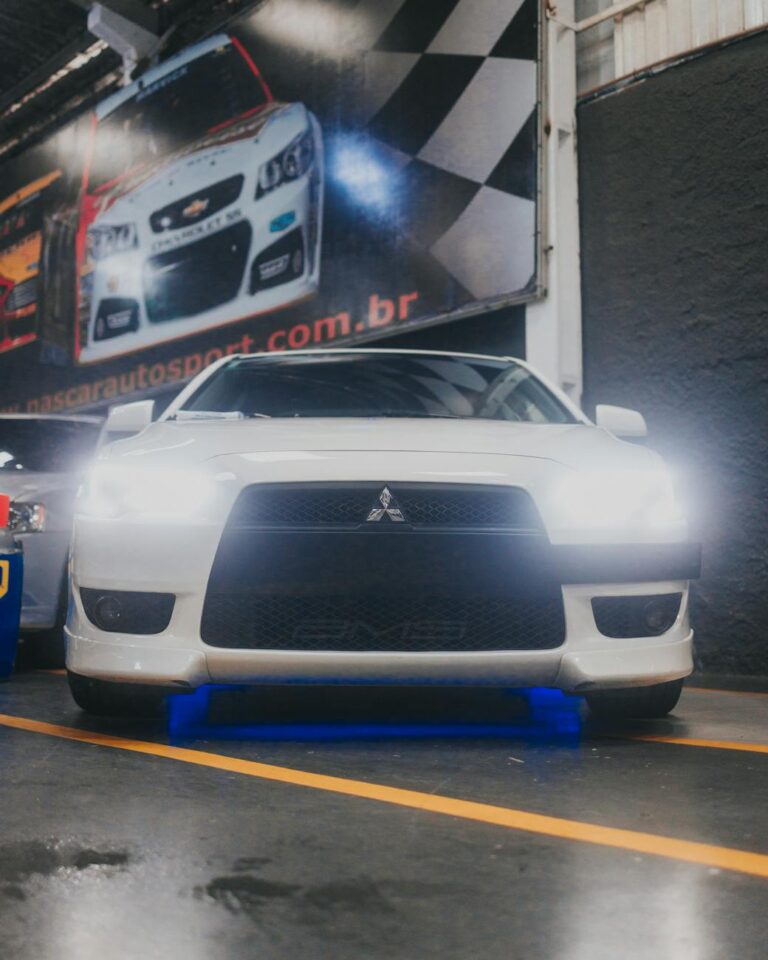 modified mitsubishi lancer in a car dealership