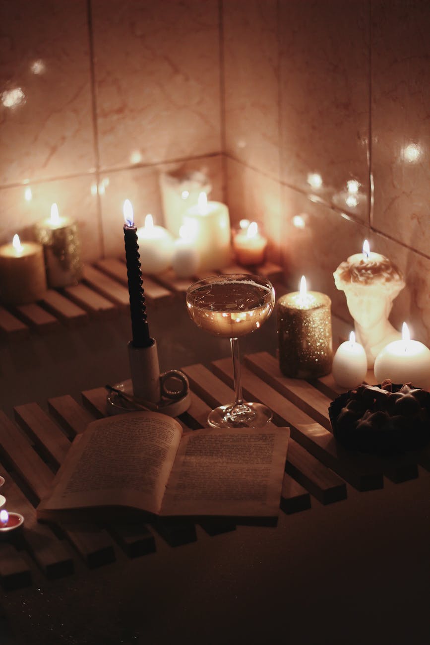 drink and candles in bath